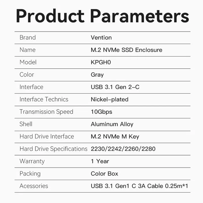 Vention KPGH0 Caja Externa para Disco SSD M.2 NVMe USB Tipo-C